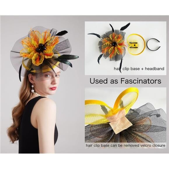 Women Organza Church Tea Party Hats Floral Yellow Black
